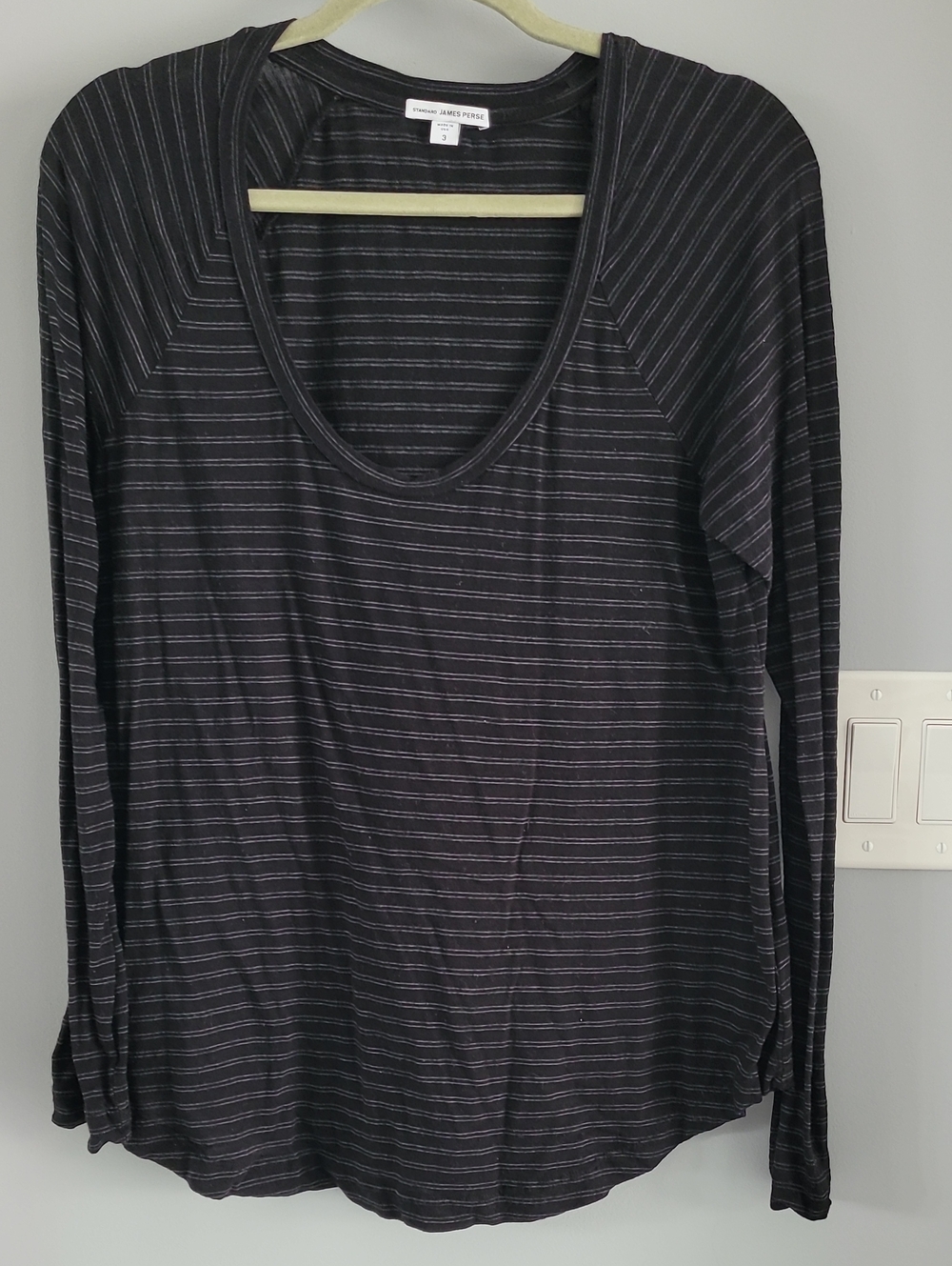James Perse Black and Gray Striped Long Sleeve Scoop Neck Tee